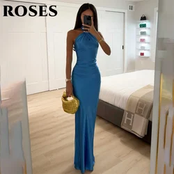 ROSES Halter Blue Prom Dress Stain Trumpet Celebrity Dress Pleats Women's Evening Dress Sleeveless Formal Gown Vestido De Novia