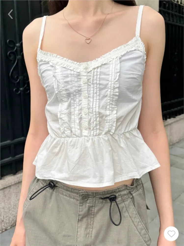 

White Fungus Edge Women Tank Camis 2024 New Lace Trim V-neck Sweet Summer Camisole Fashion A-line Chic Tops Slim Y2K Clothes