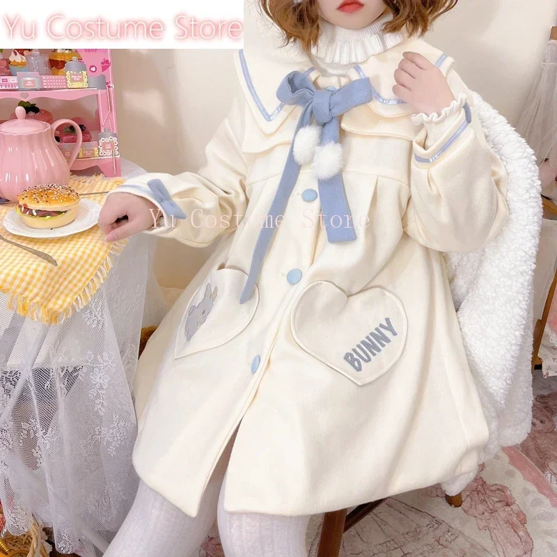 Plus Size Lolita Coats Sweet and Cute Doll Collar Cartoon Printed Wool Coat Lace-up Bow Girls Winter New Kawaii Women Jacket