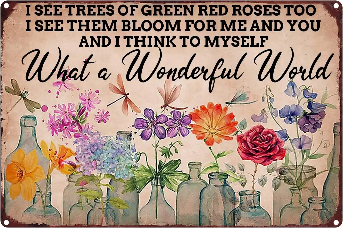 Qué un mundo maravilloso, veo árboles de rosas rojas verdes, también flores, letrero de estaño, letrero de Metal Vintage, decoración de pared, letrero de jardín para el hogar