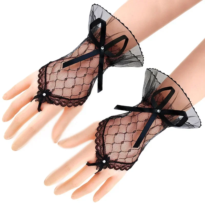 Gants résille sans doigts pour femmes, dentelle sexy, nœud court, accessoires de mariage, blanc, noir, rouge, fête de la mariée