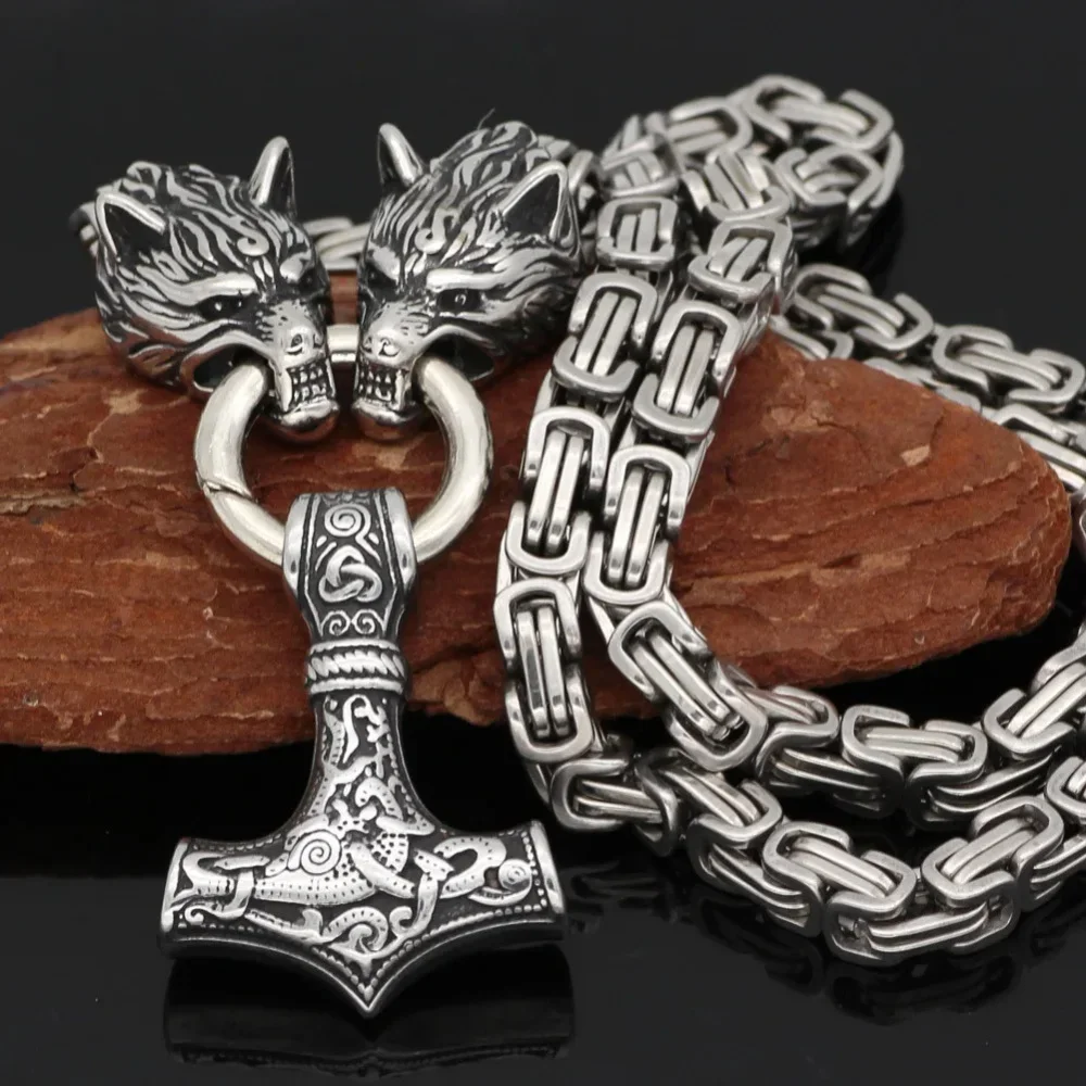 Fashionable And Exquisite New Retro Nordic Viking Hammer Pendant Wolf Head Necklace For Personalized Men\'S Amulet Jewelry Gift