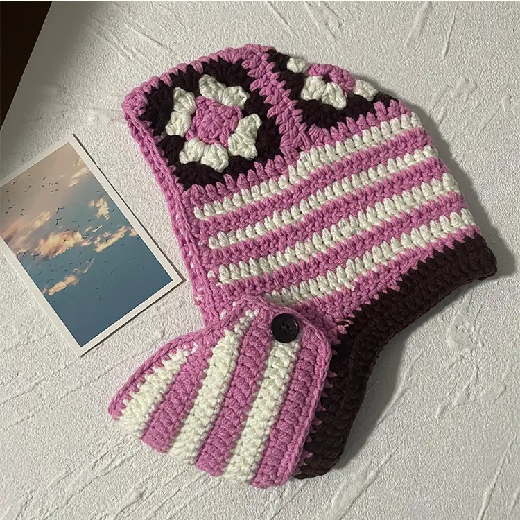 INS Korea Autumn Winter Flower Striped Y2K Balaclava Thief Hats For Women Men Mask One-piece Knitted Beanie Caps Gorras - Image 10