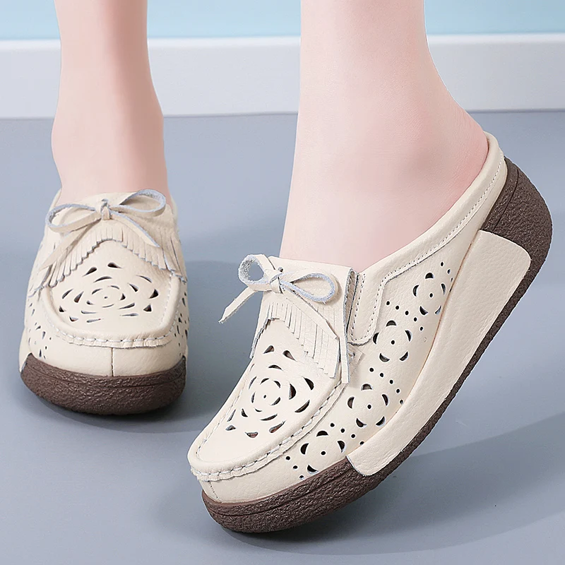STRONGSHEN Women's Shake Shoes Platform Flats Female Hollow Out Breathable Slip On Woman Half Slippers Moccasins Leisure Ladies