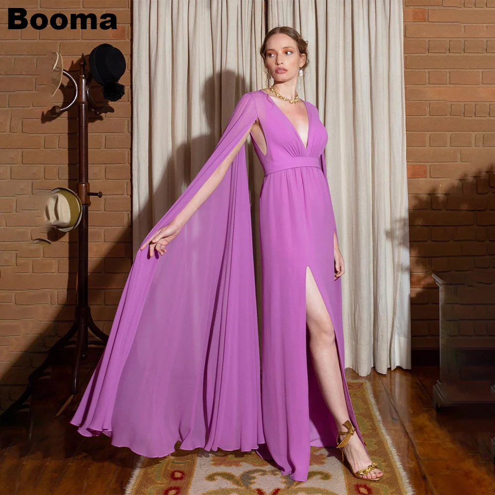 

Booma Lavender Chiffon Evening Dresses for Women V Neck Cape A-Line Formal Occasion Dresses Leg Slit Party Prom Dress Outfits