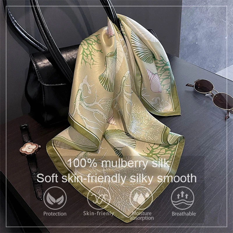 Luxury 100% Real Silk Scarf Women Spring Floral Bandana Shawl Lady Mulberry Silk Neckerchief Handkerchief Female Wrap 53cm