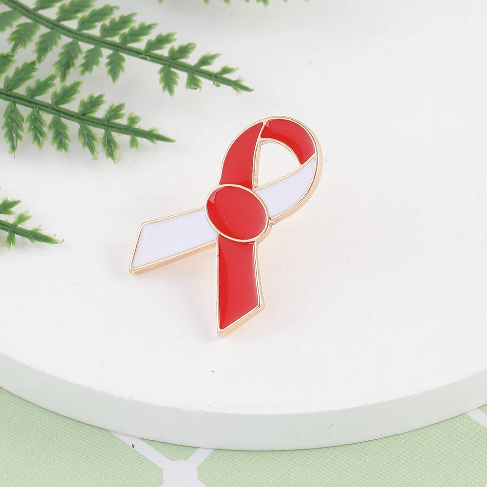 Bless White And Red Enamel Red Ribbon Awareness Lapel Pins HIV/AIDS Brooches Heart Disease Hope Wish Badge For The Better