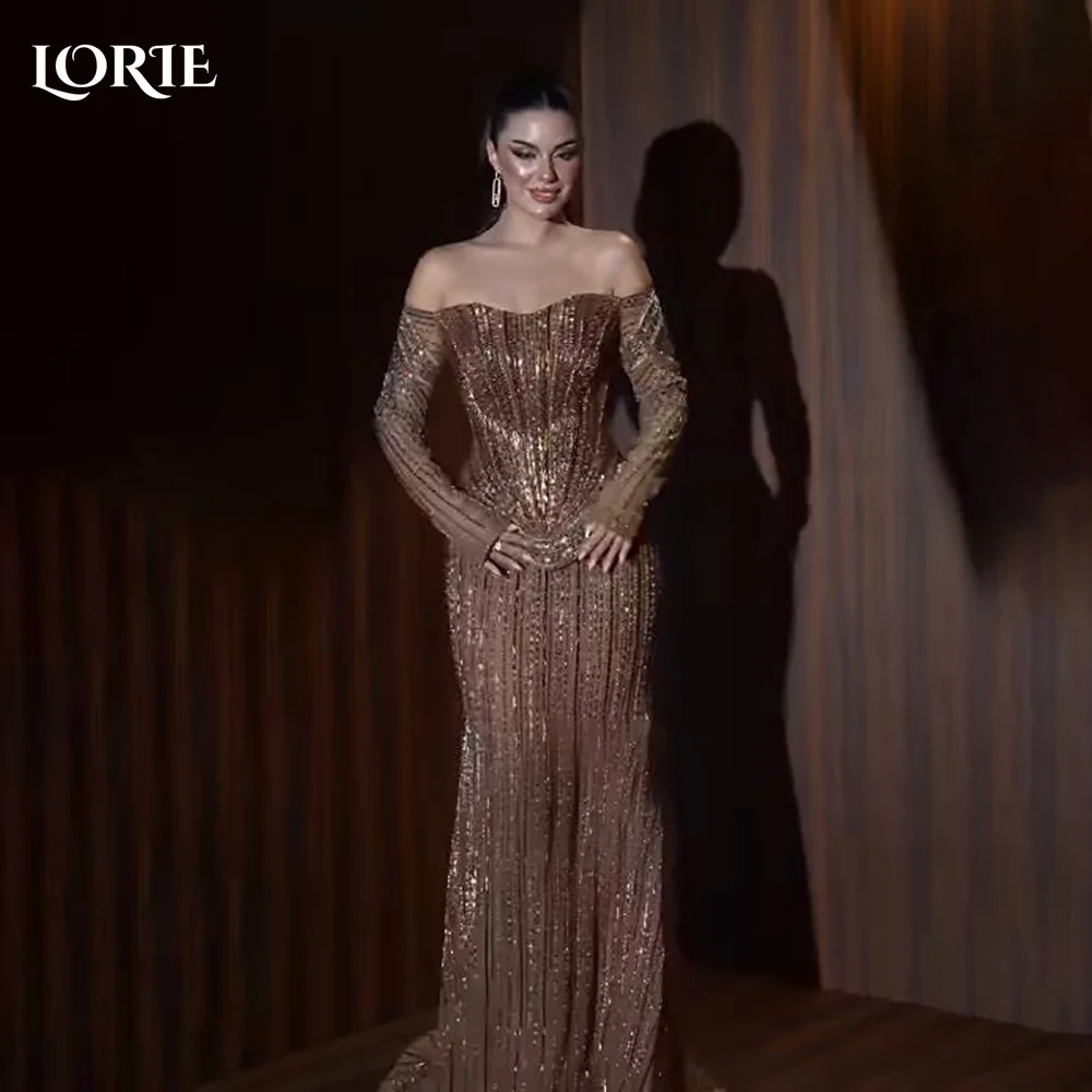 

LORIE Modest Crepe Evening Dresses Elegant High Collar Ruinstone Shiny Mermaid Arabia Prom Gown Ruffle Party Dresses Customized