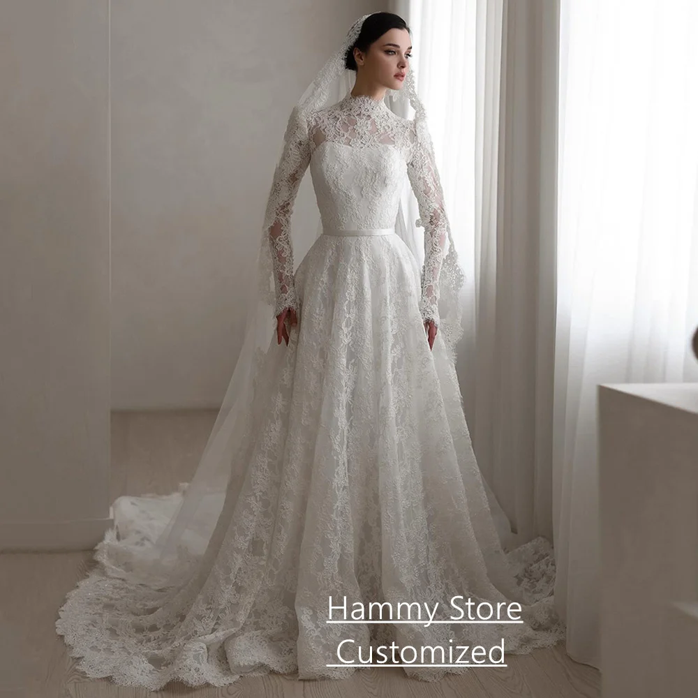 

Lace Wedding Dress Customized Woman Bridal Gown High Neck Full Sleeves Pearls Court Train A Line Arabian Bride Dresses