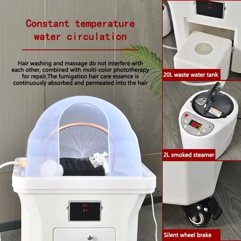 Nuovo dispositivo mobile per terapia della testa Serbatoio di stoccaggio SPA Ciclo automatico dell'acqua Temperatura costante Shampoo per capelli Lavabo Mobili per salone