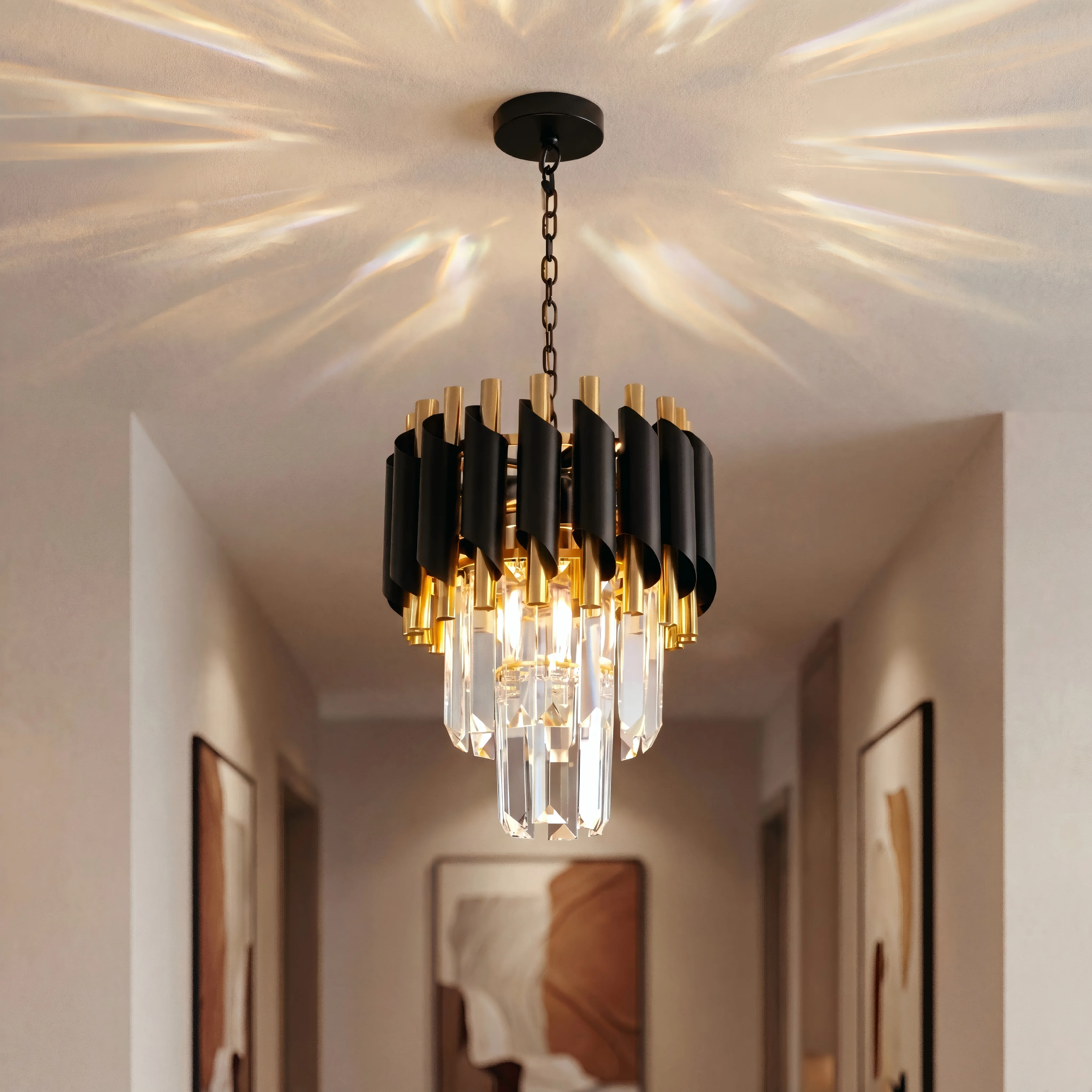 Modern Black Gold Mini Crystal Chandelier, Height-Adjustable 2-Tier Raindrop Chandelier - Kitchen Island/Dining Room/Hallway