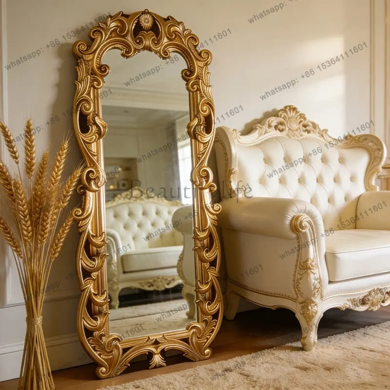 

French retro full-body mirror American home-style carved European-style villa luxury floor fitting mirror