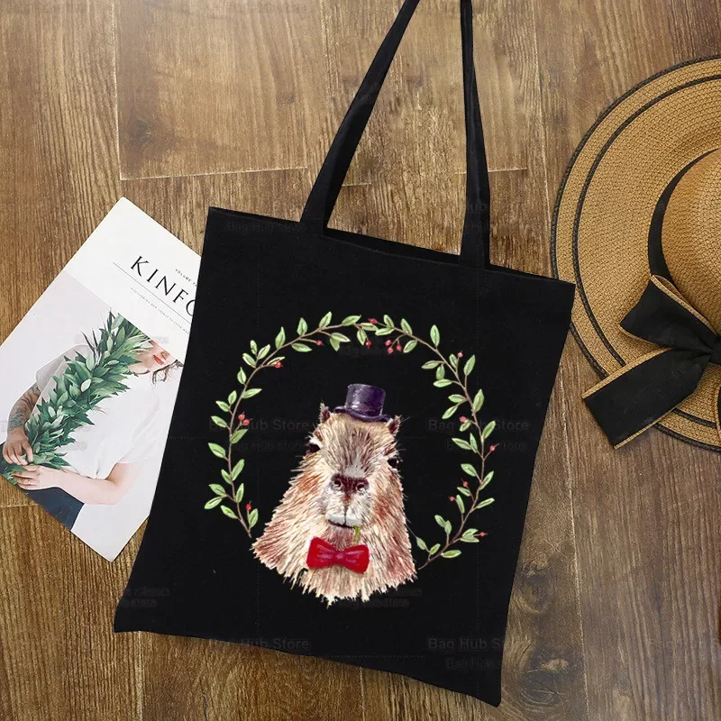 Capybara สัตว์น่ารักการ์ตูนที่กําหนดเอง Tote Bag Shopping Original Design สีดํา Unisex Travel ผ้าใบกระเป๋า Eco พับกระเป๋านักช้อป