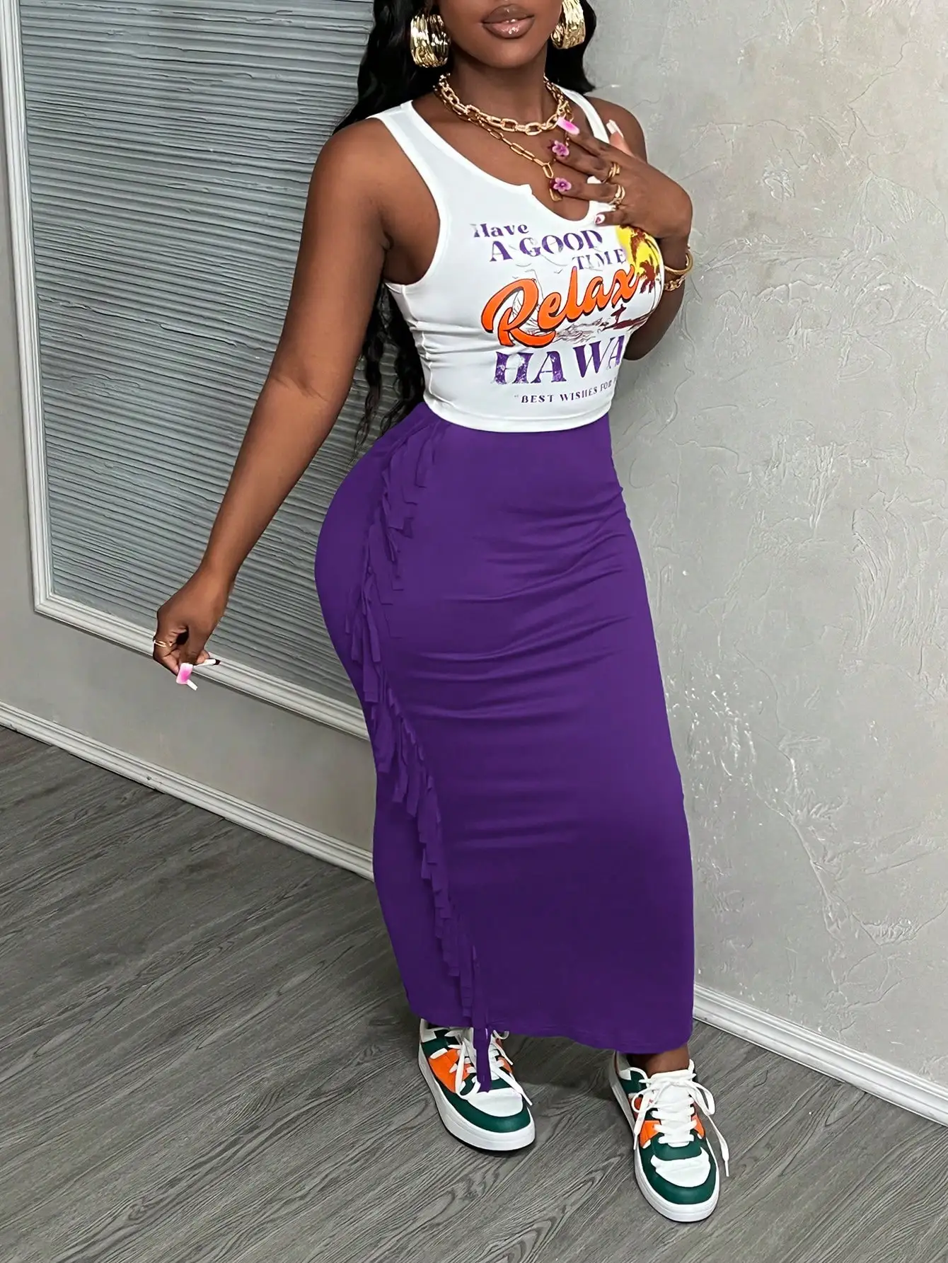 여름 하와이 프린트 탱크탑 & 퍼플 프린지 스커트 여성 투피스 세트