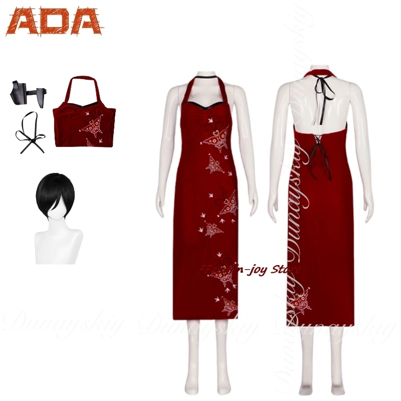 

The Resident Four Movie Ада Косплей с прозрачным коротким черным париком и красной замшей Cheongsam Evil Косплей Костюм Полный костюм
