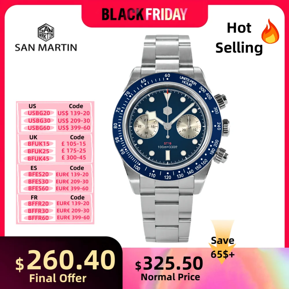 San Martin Panda Eyes Chronograph Mens Watches Seagull ST1901 Movement Bracelet Mechanical Watch Sapphire Glass 10ATM SN0052JS