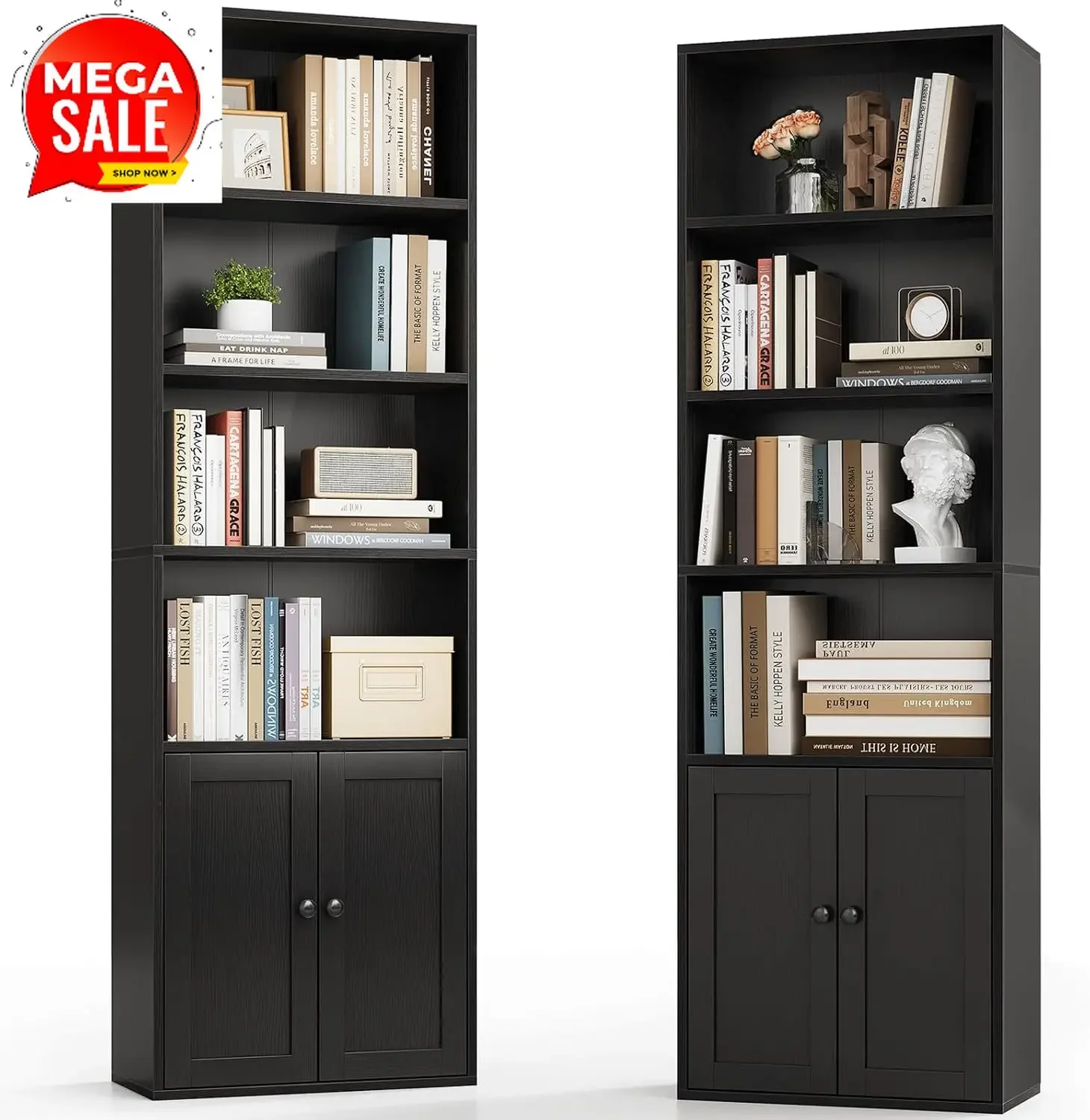 6-Tier Bookshelf with Doors, Tall Bookcase, Black 2 Pack | Floor Standing Design, Display Storage Shelves, Cabinet Storage, Home