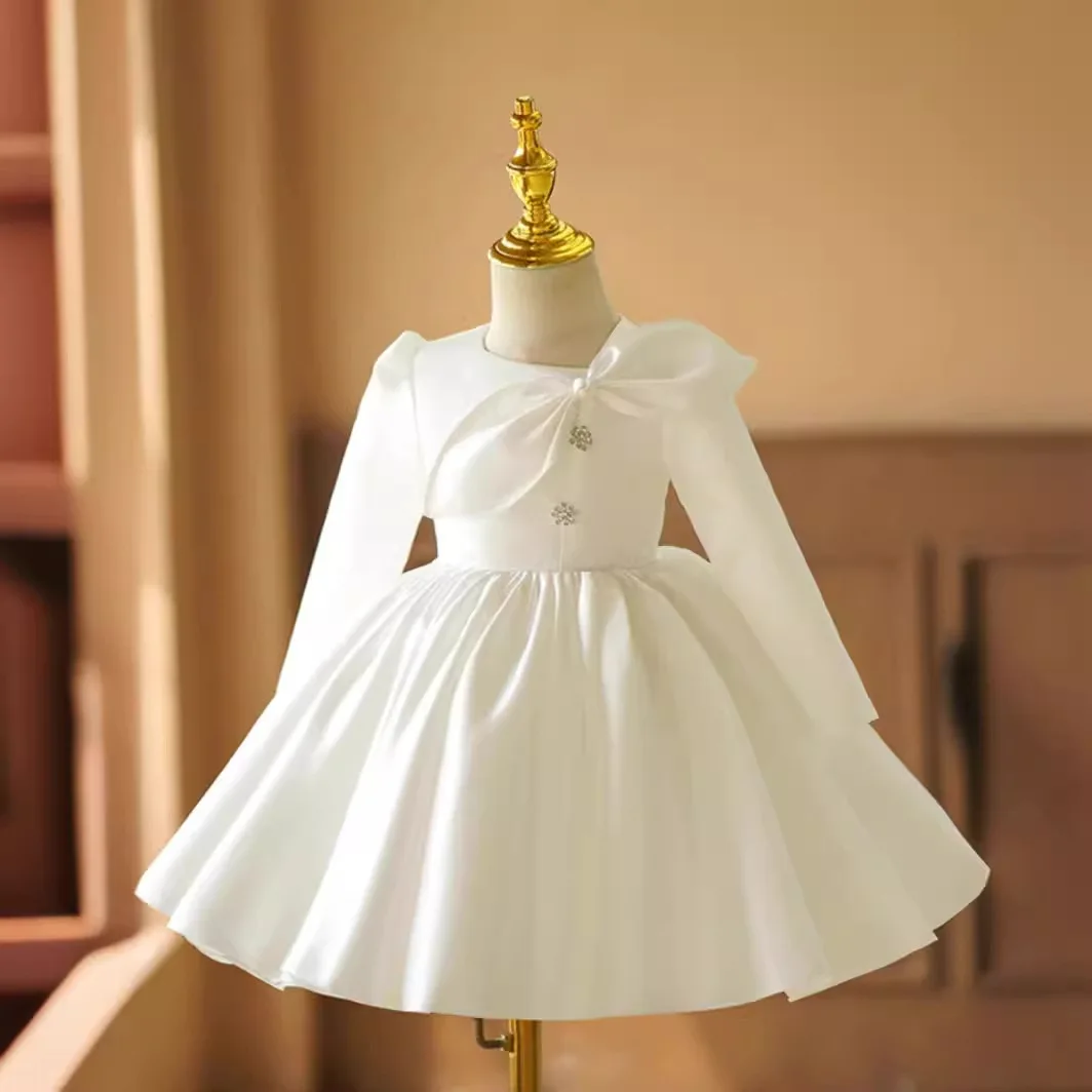 Christmas Clothes for Newborns Long Sleeve Dresses White Satin Baby Baptism Dress 1st Birthday Clothing Eid Formal Ball Gowns