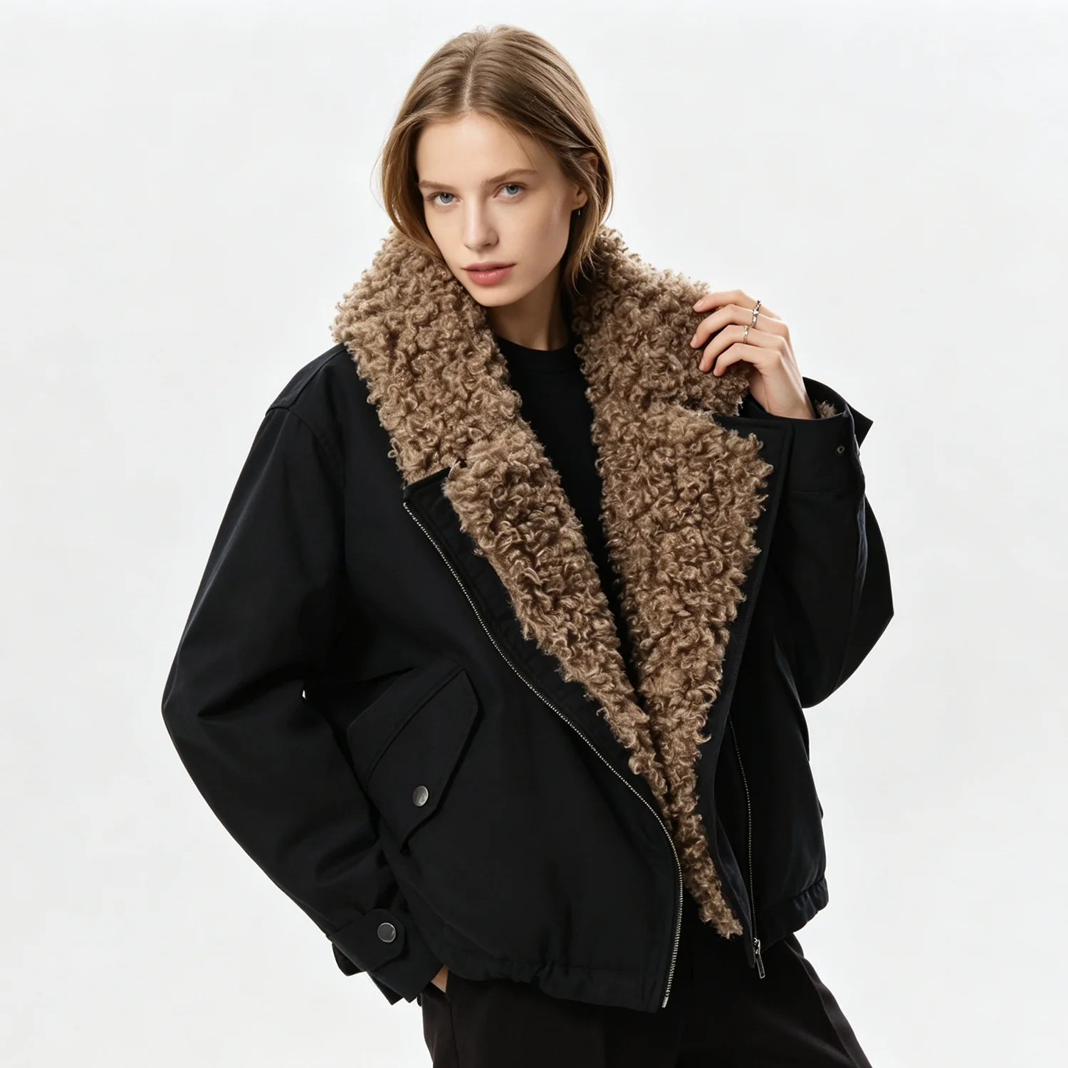 PUAL  2026 Women  Fleece Collar Biker Jacket Asymmetric Zipper Warm Windproof  Casual Outer Coat