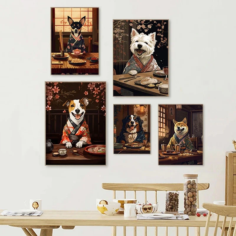 Retro Japan Style Dog Eating Japanese Food Poster Prints Canvas Painting Animal Wall Art Picture Kitchen Dining Room Home Decor