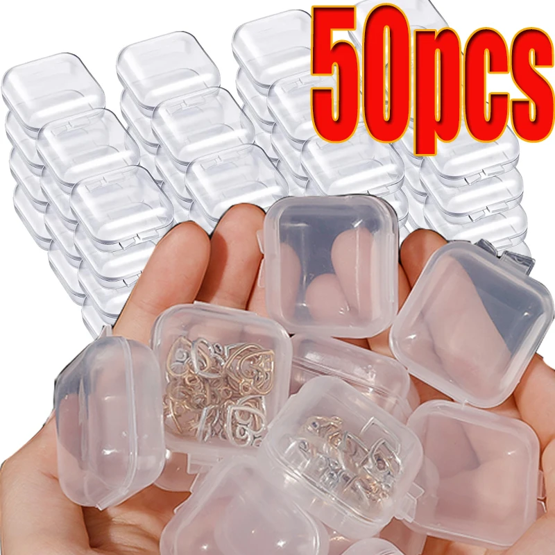 5/50pcs 3.5cm Clear Plastic Storage Box with Hinged Lid Boxes For Earrings Ring Tiny Jeweley Container DIY Button Beads  Cases