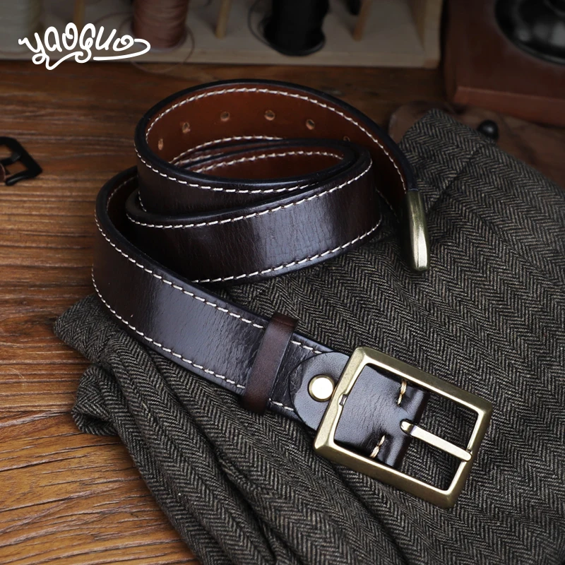 Vintage Genuine Leather 3.8CM Belt For Men Handmade Thicken Cowhide Copper Buckle Belts Jeans YG102