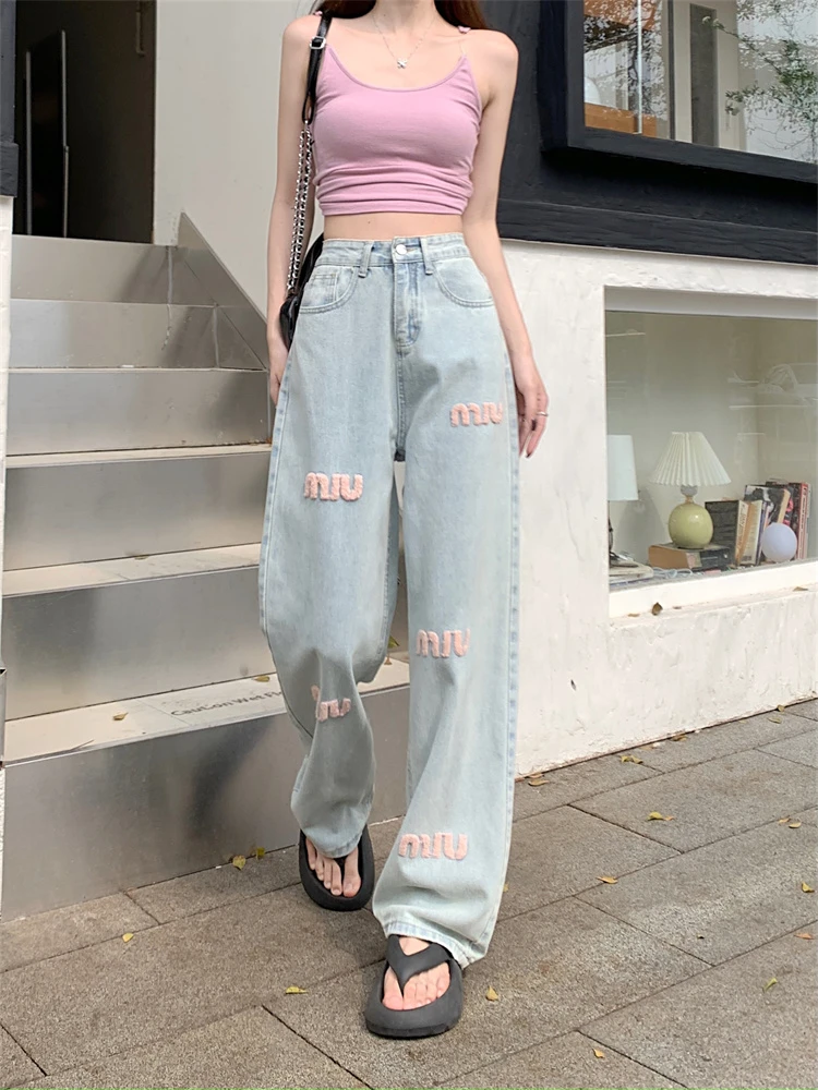 2024 models of American retro light blue wide-leg jeans women Korean letters embroidery high-waisted straight embroidered pants