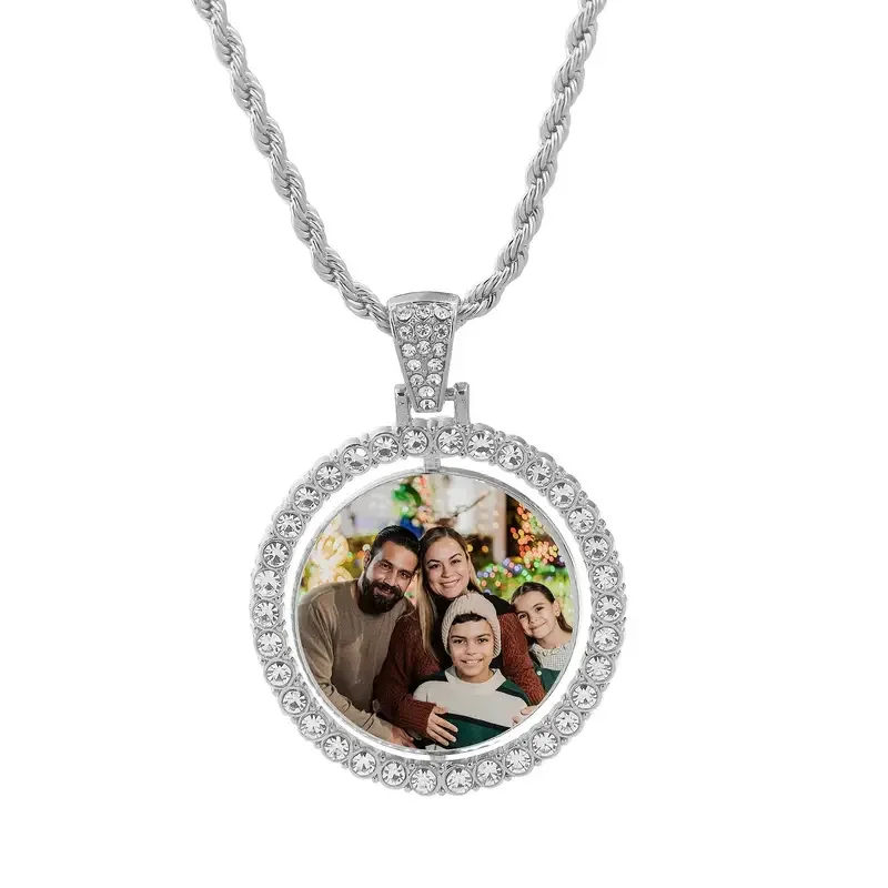 2025 Hip Hop Rotation Double Sided Round Photo Custom Pendant Heat Transfer Micro Frame Photo Frame Jewelry Necklace Gifts