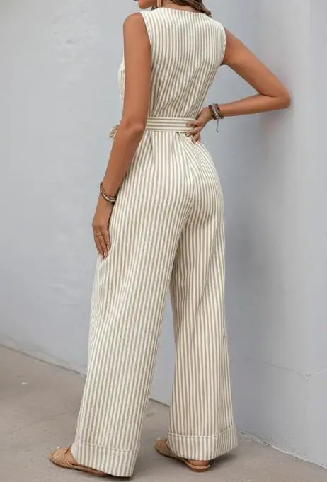 Macacão Feminino 2026 Primavera Verão Novo Estampa Listrada Decote V Sem Mangas Com Amarração Casual Design com Bolso Macacão de Perna Larga