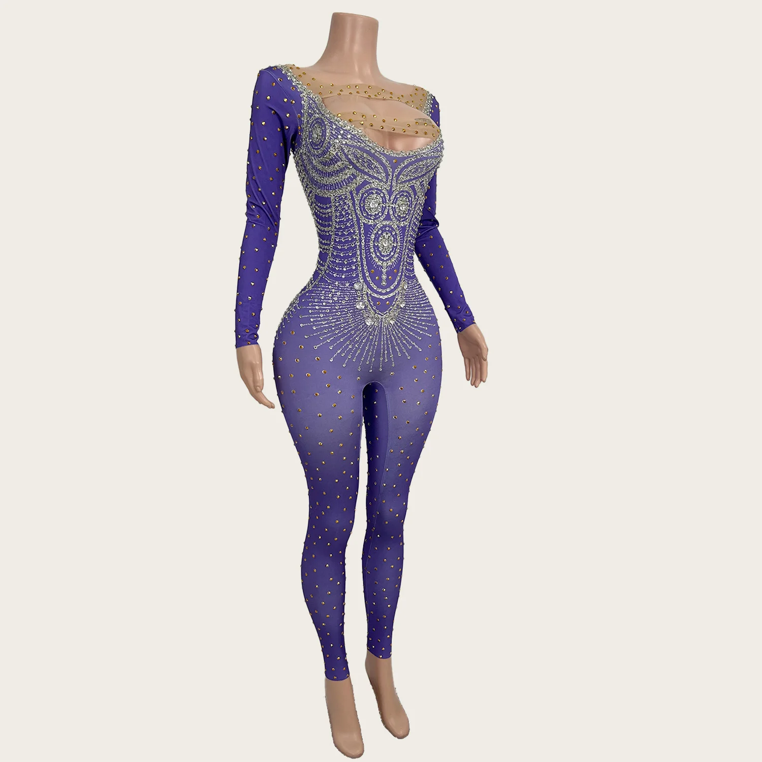 Tuta aderente viola Drag Queen Performer Wear Strass Spandex Elastico Maniche lunghe Tuta Club Party Outfit Zijin