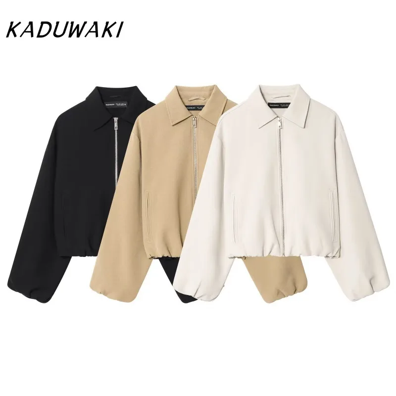 

KADUWAKI Solid Autumn New Women's Puffy Zipper Jaet Outerwear Casual French Sle Straight Cut Ladies Coat Leather Jacket Y2k 방수자켓