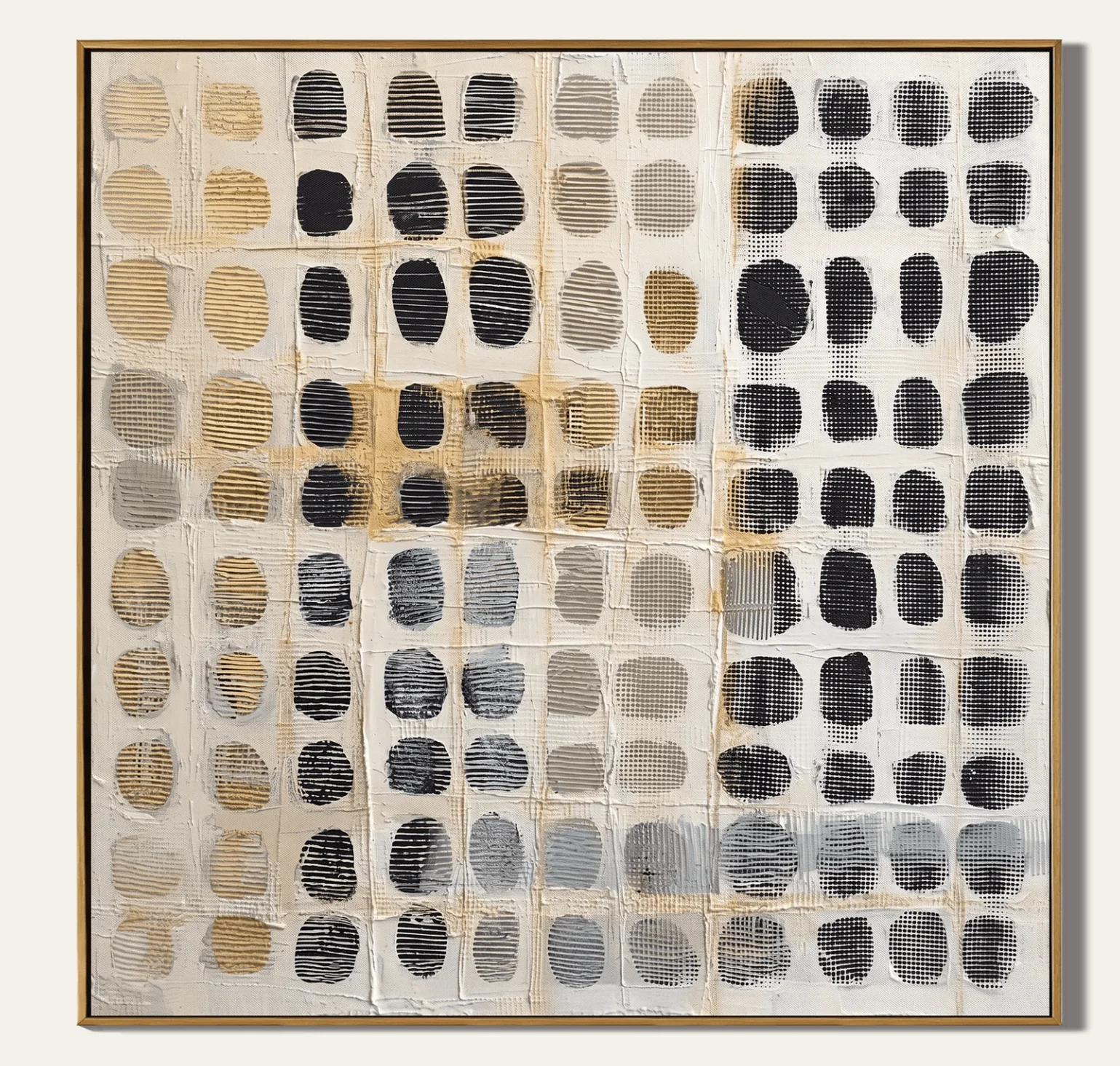 Stone Lattice – Oval Stone Grid on Cream Background Painting Wabi-Sabi Square Wall Art Canvas Prints Posters Home Decor