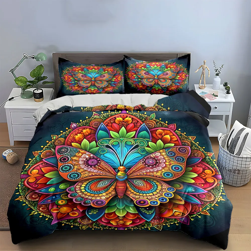 Mandala Colorful Butterfly Floral Duvet Cover Set, Bohemian Round Ethnic Bedding Includes 1 Duvet Cover And 2 Pillowcase, Gift