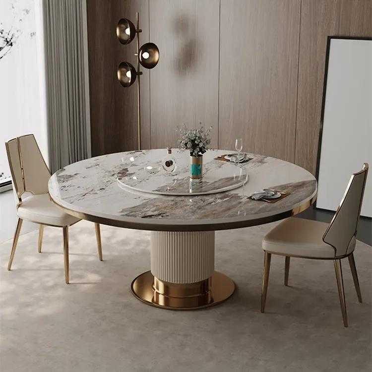 Luxury White and Gold Rock Slab Dining Table Set Modern Light Luxury Dining Room Furniture Round Dining Table Set New