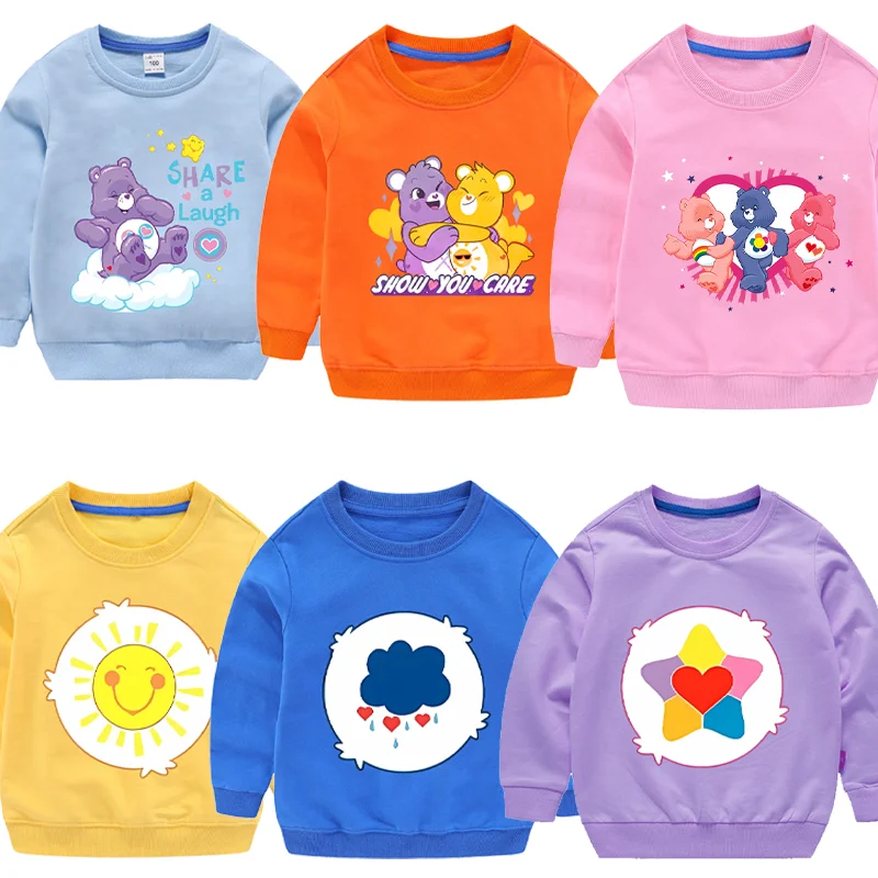 

Толстовка с круглым вырезом Care Bears, осенний красочный пуловер с капюшоном, милая толстовка с длинными рукавами для малышей, прочная тонкая уличная одежда с героями мультфильмов