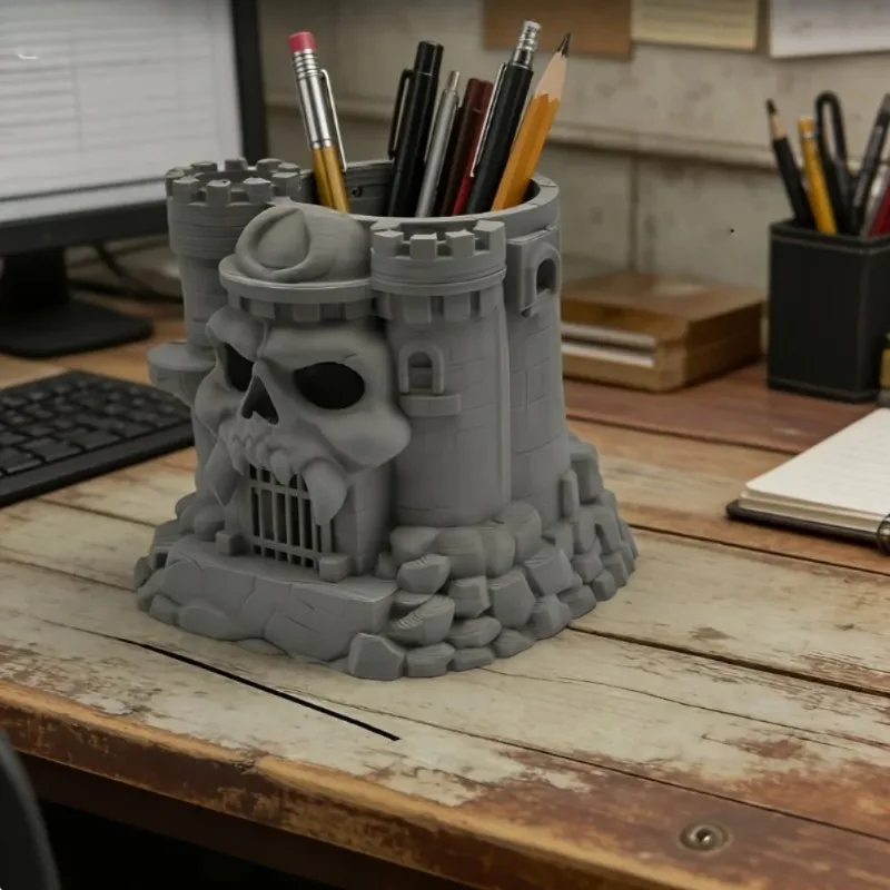 3D Skull Sculpture Castle Desk Pen Holder Makeup Brush Pencil Organizer Novelty Pen Container Office Table Decor Halloween