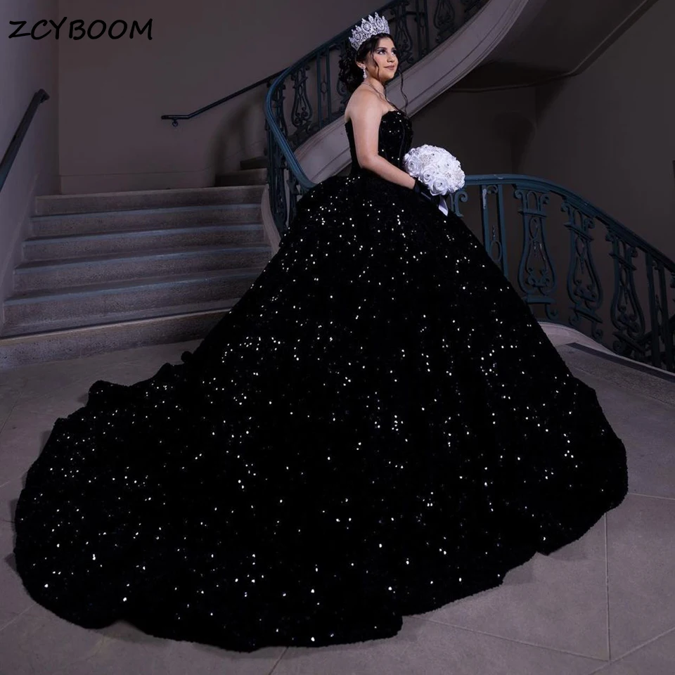 

Luxury Sparkly Black Sequined Ball Gown Quinceanera Dresses 2023 Sweetheart Lace Up Back Party Prom Gowns Vestidos De 15 Años