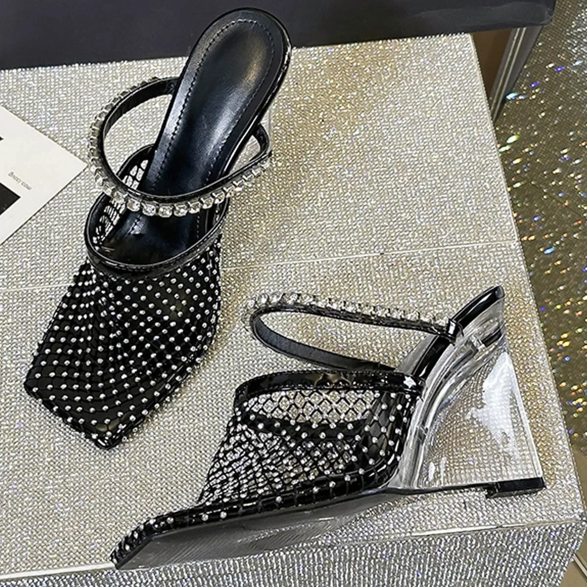 

Eilyken Summer Sexy Crystal Diamond Square Toe Women Slippers Designer Transparent Wedges Heels Banquet Party Shoes