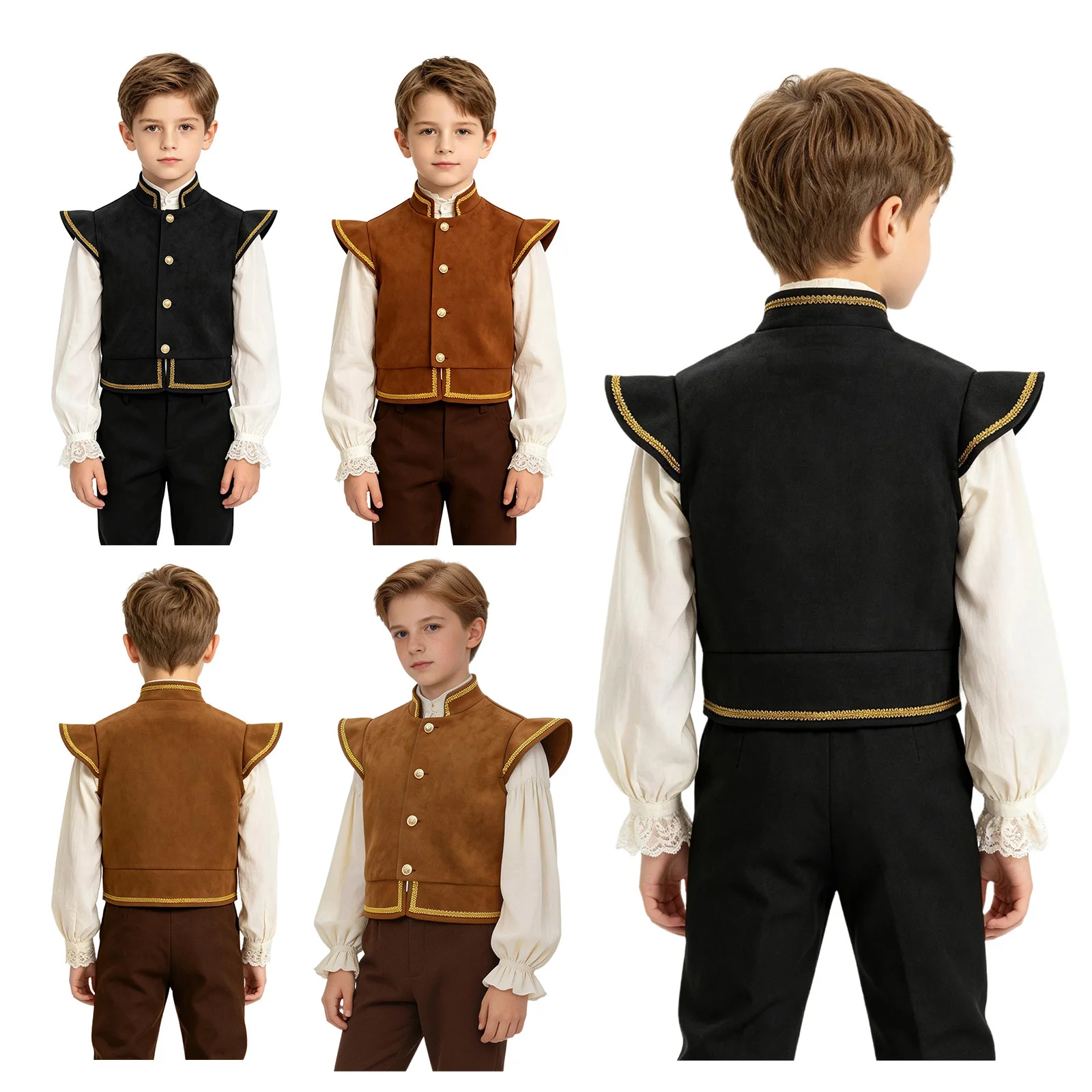 Kids Boys Medieval Renaissance Costume Prince Faux Suede Waistcoat Cap Sleeve Button Gold Trim Vest  for Halloween Theme Party view 6