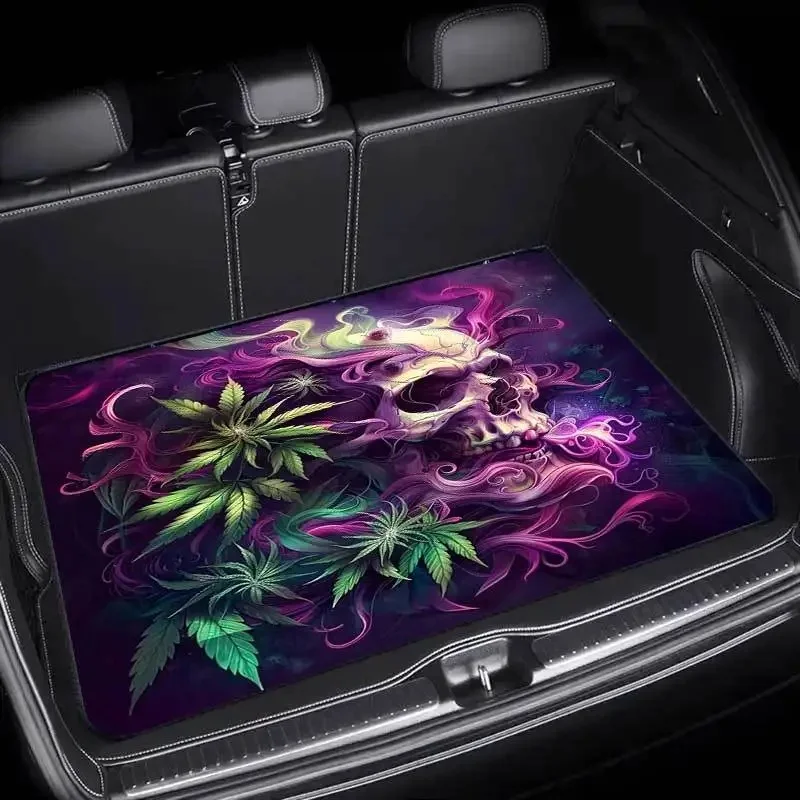 A Colorful Trunk Mat With A Skull And Leaf Pattern Designed For Suvs - This Chic And Easy-To-Maintain Mat Protects The Interior,