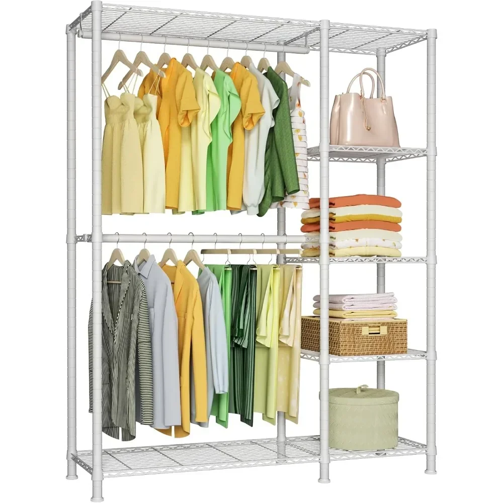 

Closet Garment Rack, 5 Tiers Freestanding and Height Adjustable Heavy Duty Clothes Storage Organizer with 2 Hanger Rods