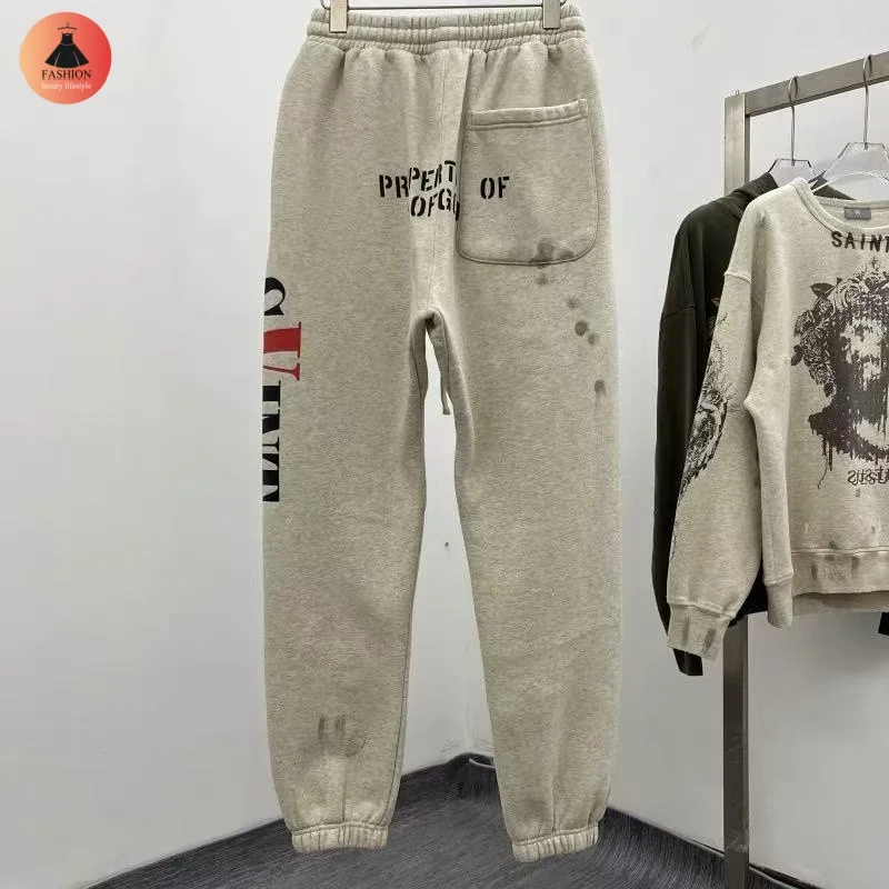 Real Saint Mens Womens High Street Vintage Inner Drawstring Graffiti Winter Autumn Jogging Plush Casual Sweatpants