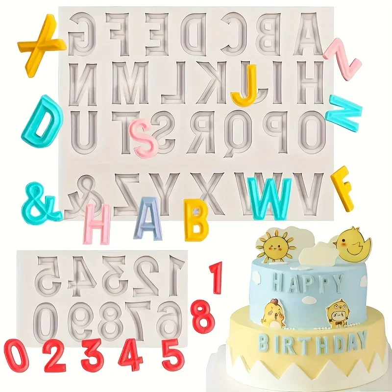 2pcs Capital Letter Fondant Silicone Mold, Letter 0-9 Pendant Chocolate Cake Decoration Silicone Molds for Birthday Party, Candy