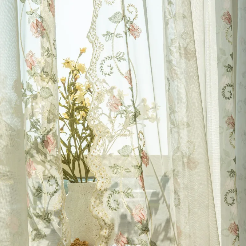 Fixed Width Multi-color Rose American Countryside Embroidery White Gauze Curtains for Living Dining Room Bedroom Custom Size