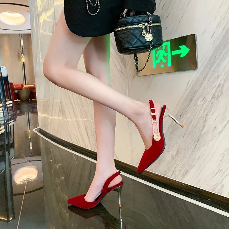 FHC 2024 New Sexy Women High Heels Sandals,Summer Shoes,Pointed Toe,Mid Shallow Out,Ankle Strap,Black,Red,Size 35-40.Dropship