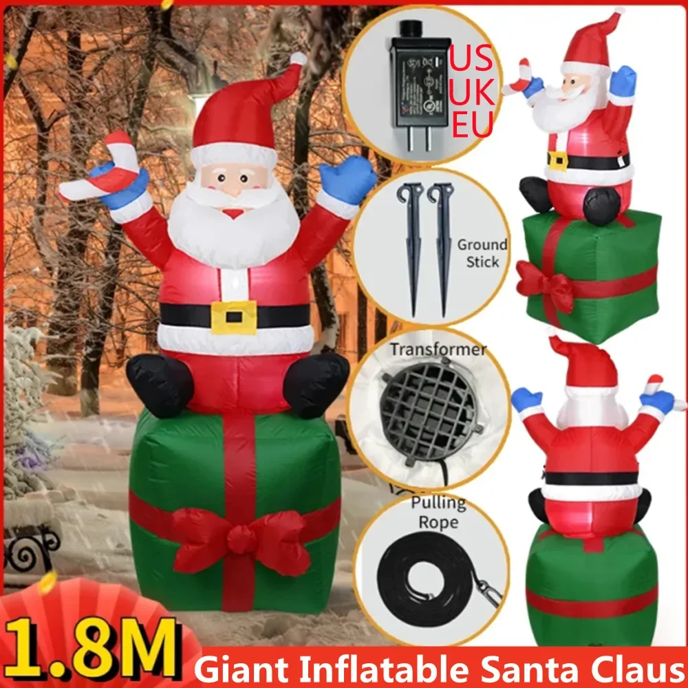 1.8M/6FT Giant Christmas Inflatable Santa With LED Light Inflatable Model Toy Outdoor Ornament Xmas New Year Party Decoration