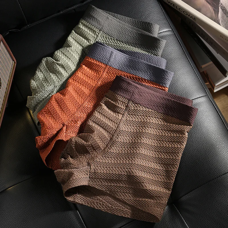 Celana Dalam Sutra Es Pria Baru 3 Buah Boxer Jacquard Jaring Free-shot Boxer Olahraga Musim Panas Anak Laki-laki Warna Solid Sederhana