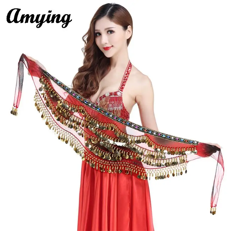 

Women Belly Dance Hip Scarf Ladies Indian Dance Stage Performance Practice Waist Chain Skirt Coins Colorful Tassel Scarf