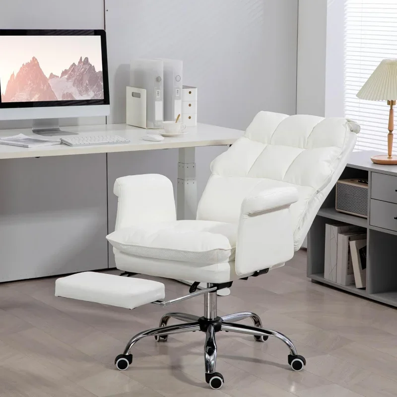 Executive Office Chair, PU Ergonomic Office Desk Chair with Footrest, Reclining and Swivel Chair, White