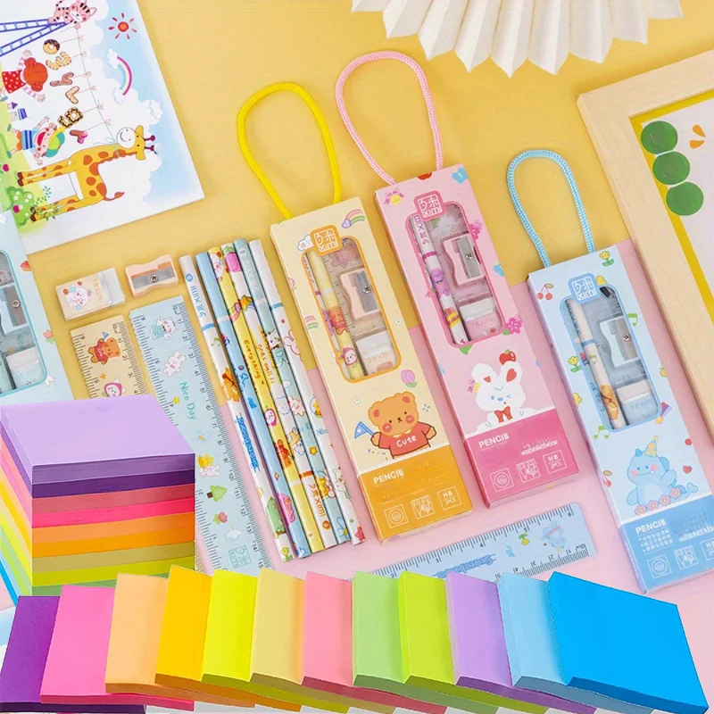 Learning Stationery Set, Birthday Gift 5-in-1 Pencil Set-Fluorescent Sticky Notes-Assorted Colors, Cute Office&School Memo Pads